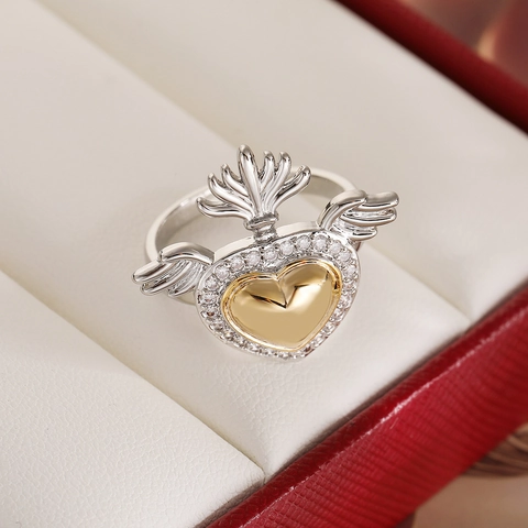 Two-Tone Copper Inlaid Zircon Sacred Heart Wing Adjustable Open Ring Fashion Retro Gothic Jewelry Gift For Women