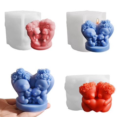 3D Berenpaar Hart Siliconen Vorm Voor Doe-Het-Zelf Geurkaars Gips Zeep Roos Bloem Getextureerde Huisdecoratie Cadeau