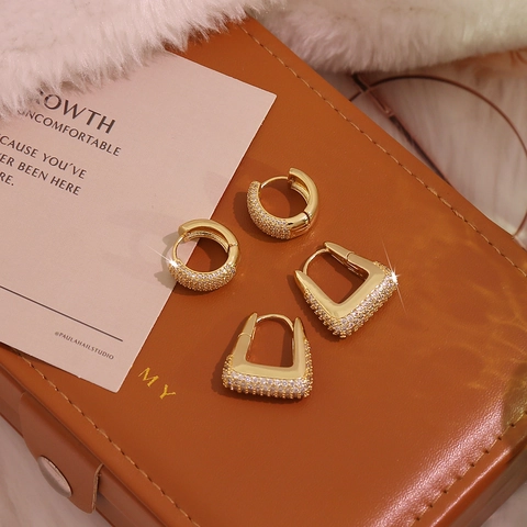 Elegant Geometric Hoop Earrings With Micro Pave Zircon Copper 18K Gold Plated Light Luxury Jewelry For Women Girls