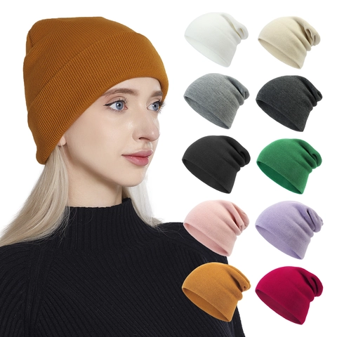 Women Men Winter Knitted Beanie Hat Warm Solid Color Cuffed Acrylic Soft Elastic Outdoor Sport Daily Cold Weather Cap
