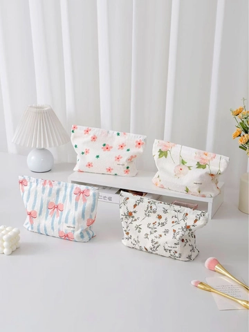 Borsa Da Trucco In Tela Di Cotone Con Punti Svizzeri Stampa Floreale Fiocco Righe Pochette Cosmetica Portatile Organizzatore Da Viaggio