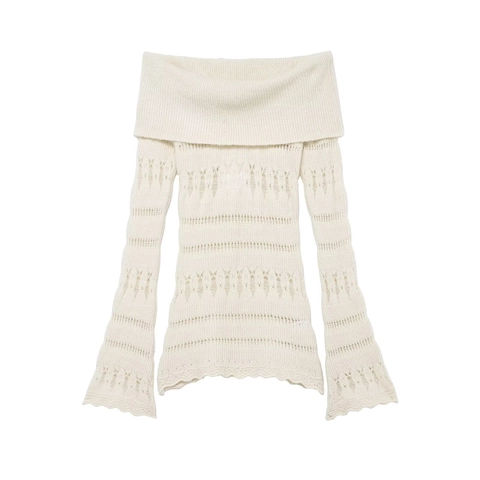 Pull À Épaules Dénudées Tricot Ajouré Manches Évasées Ourlet Ondulé Crème Acrylique Polyester Pour Femmes