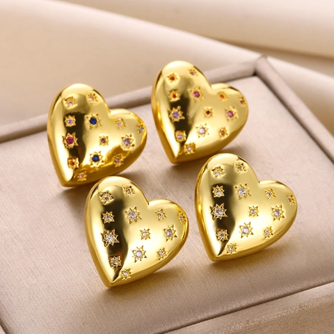 Heart Moon Star Stud Earrings Copper Gold Plated Multicolor Zircon Geometric Jewelry Women Stainless Steel Earring Post