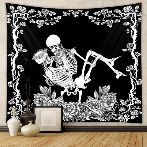 Gothic Skull Lovers Tapestry Polyester Wall Hanging Black And White Rose Floral Border Vintage Bohemian Home Decor