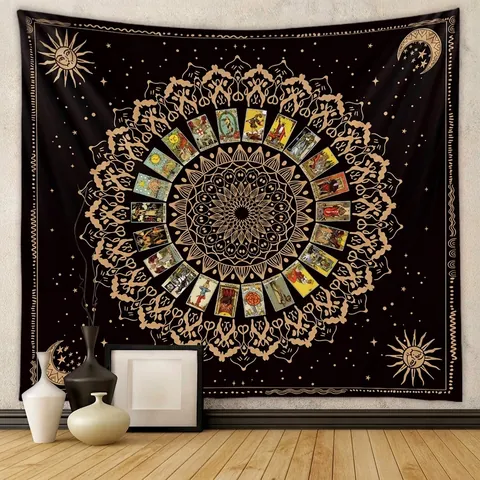 Tapiz De Pared Negro Oro Fase Lunar Mandala Tarot Diseño Bohemio Poliéster Tela Decoración Hogar