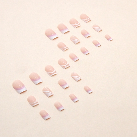 French Press On Nails Nude Pink Gradient Square Plastic Fake Nails Glossy White Line Geometric Design For Women