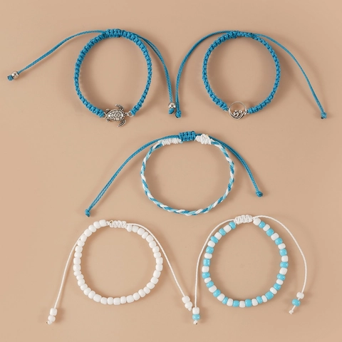 Pulseras Aleación Tortuga Ola Cuerda Tejida Cuenta Joyería De Playa Hecha A Mano Ajustables Para Mujeres