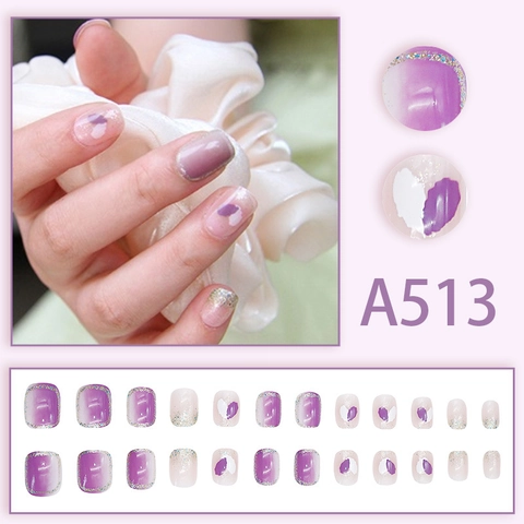 Purple Gradient Press On Nails Heart Design Glitter Short Round Square Wearable False Fingernails For Women