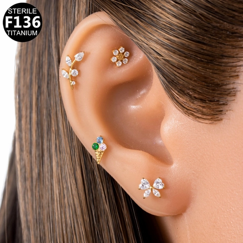 Labret En Titane Stud Lèvre Filetage Interne Piercing Cartilage Oreille Zircone Flocon Coeur Bijoux Stériles