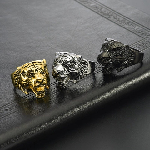 Vintage Punk Tiger Head Ring Domineering Stainless Steel Animal Signet Jewelry For Men