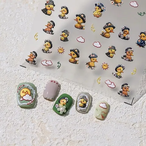 Embossed Nail Art Stickers Cartoon Little Yellow Duck Self Adhesive Thin Transparent Decals For Women DIY Manicure