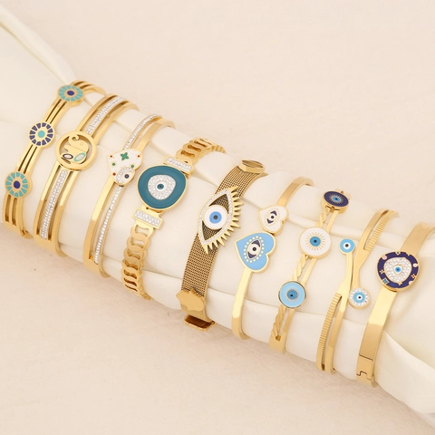 Evil Eye Armreif Edelstahl Vergoldet Emaille Öl Strass Elegante Mode Schmuck Für Frauen