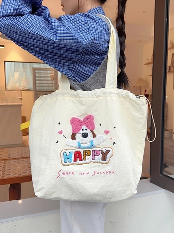 Dames Tote Tas Polyester Canvas Grote Capaciteit Trekkoord Leuke Cartoon Borduurwerk Koreaanse Stijl Casual Handtas