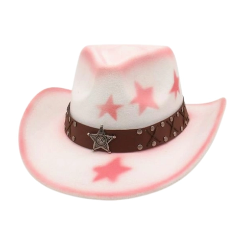 Western Cowboy Hat Retro Wool Felt Star Pattern Riveted Leather Belt Sheriff Badge Curved Brim Ethnic Vintage Style