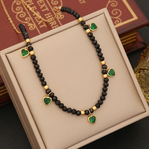 Ensemble Bijoux Coeur Vert Émeraude Acier Inoxydable Collier Bracelet Boucles Oreilles Perles Noires Facettées Pour Femmes