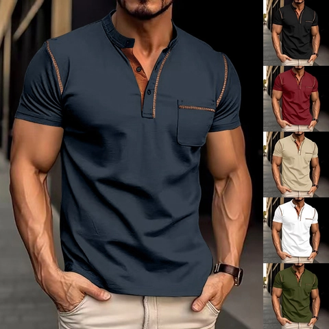 Camiseta Henley de Manga Corta Casual para Hombre Secado Rápido Polo con Cuello Alto Bolsillo en el Pecho y Costuras en Contraste