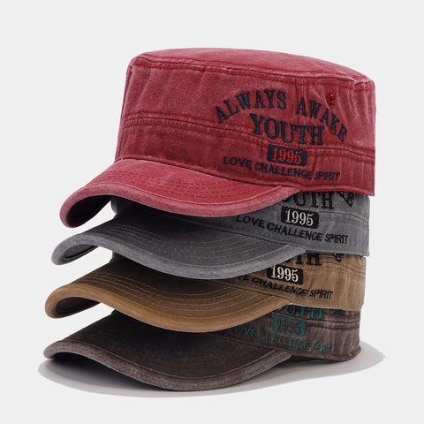 Gorra Cadet De Algodón Lavado Vintage Sombrero Militar De Techo Plano Con Bordado Ajustable Protección Solar Al Aire Libre