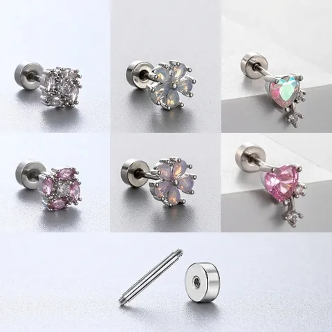 Cartilage Stud Earrings Stainless Steel Zircon Synthetic Opal Heart Flower Helix Piercing Flat Back Screw For Women