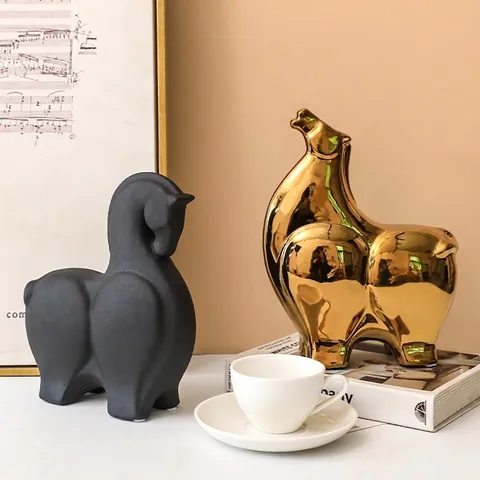 Modern Abstract Horse Ceramic Figurines Minimalist Animal Sculptures Matte White Black Gold Home Decor Desktop Ornaments