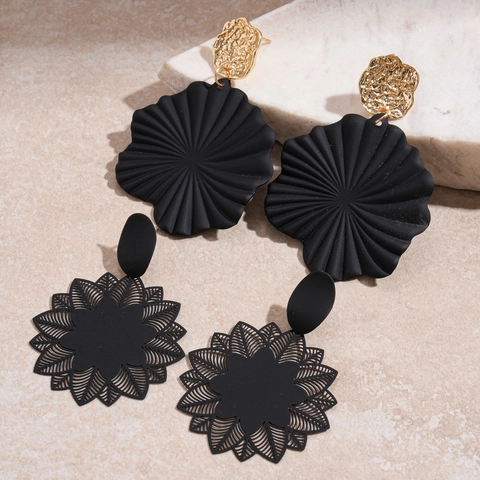 Matte Black Flower Drop Earrings Geometric Mandala Alloy With 925 Sterling Silver Earring Post Gothic Bohemian Jewelry