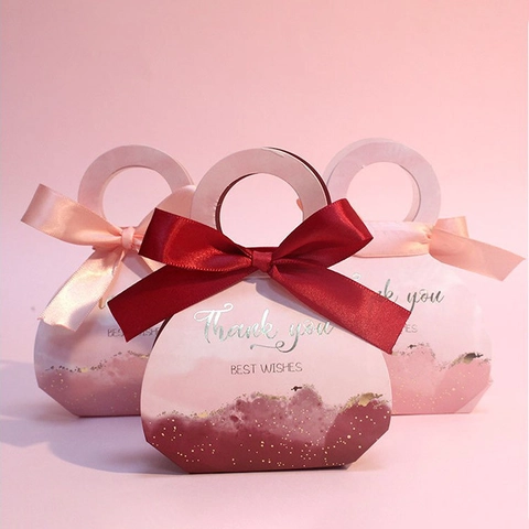 Caja De Regalo Para Dulces De Boda Forma De Bolso Papel Cinta Thank You Estampado Dorado Fiesta