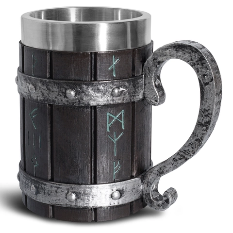 Viking Beer Mug Stainless Steel Liner Resin Hand Painted Medieval Tankard With Runic Symbols Retro Wood Texture Mug