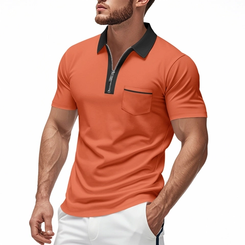 Men's Short Sleeve Polo Shirt Business Casual British Style Color Block Lapel Zipper Golf Athletic Daily Wear Tops
