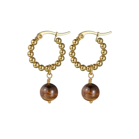 Französische Vintage Hoop Drop Ohrringe Edelstahl 14K Vergoldet Mit Tigerauge Stein Und Künstliche Perle Für Frauen Retro Nischenschmuck