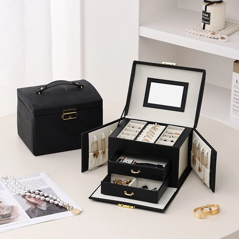 Jewelry Organizer Box PU Leather 3 Layer Lockable With Mirror Handle Portable Travel Storage Case For Women Girls Elegant