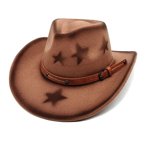 Vintage Western Cowboy Hat Wide Brim Cotton Polyester Star Pattern Faux Leather Belt Buckle Felt Jazz Cap For Men Women