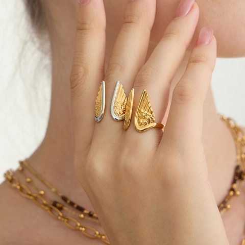 Luxury Stainless Steel Wing Open Ring For Women Adjustable Two Tone Gold Silver Feather Fashion Jewelry Non-Fading Finger Ring