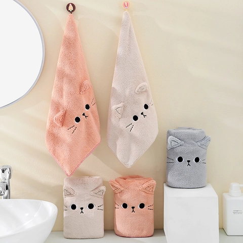 Cat Face Embroidery Hair Drying Towel Coral Velvet Highly Absorbent Cute Cartoon Face Wash Hand Towel For Bathroom