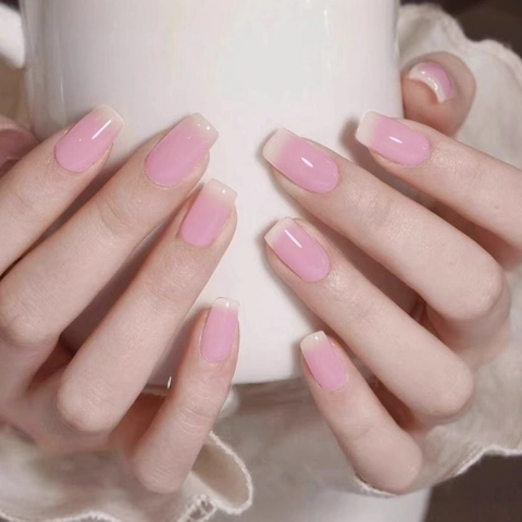 Roze Gradiënt Ombre Press On Nagels Vierkant Lang Afneembaar Glanzend Kunstnagels Voor Vrouwen Elegante Manicure