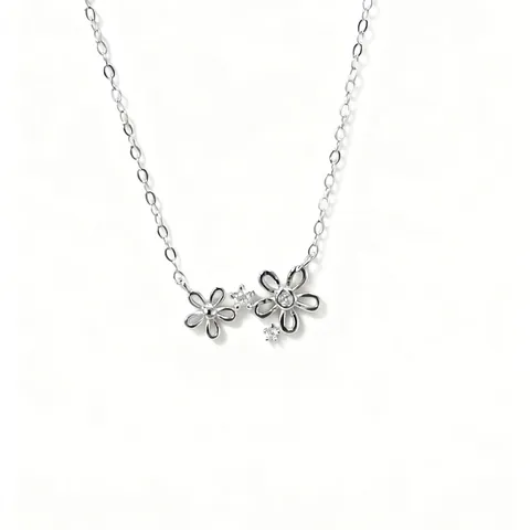 Collar de Doble Flor de Plata de Ley 925 Bañado en Oro de 14K Cadena de Clavícula Minimalista con Strass para Mujer Joyas
