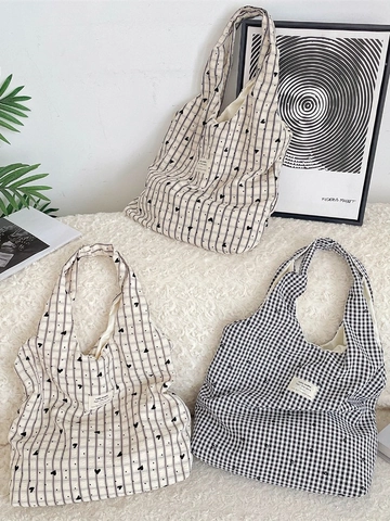 Canvas Einkaufstasche Ästhetik Herz Gestreift Kariert Druck Große Kapazität Schultertasche Für Frauen Lässig Pendeln