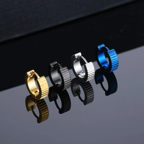 Hoop Earrings Stainless Steel Vertical Striped Gear Texture Punk Hip Hop Unisex Fashion Jewelry Polished Durable Design