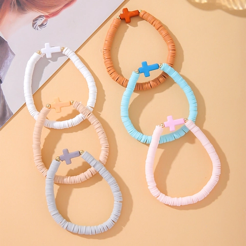 Braccialetti Elastici Con Perline Heishi In Argilla Polimerica Croce Boho Gioielli Fatti A Mano Colorati Per Donne Ragazze