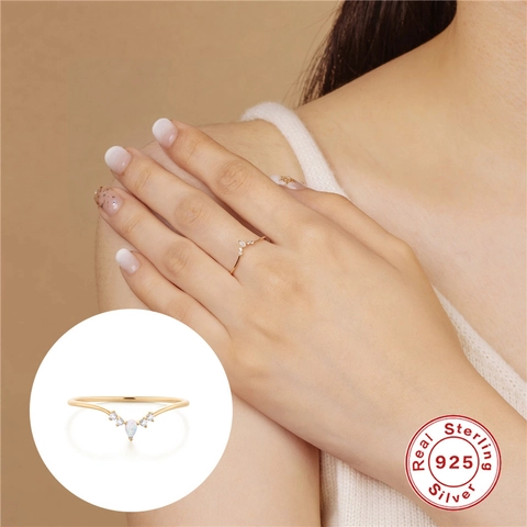 Anello In Argento Sterling 925 Con Opale Sintetico E Zirconi Placcato Oro Gioielli Minimalisti A Forma De V Per Donna