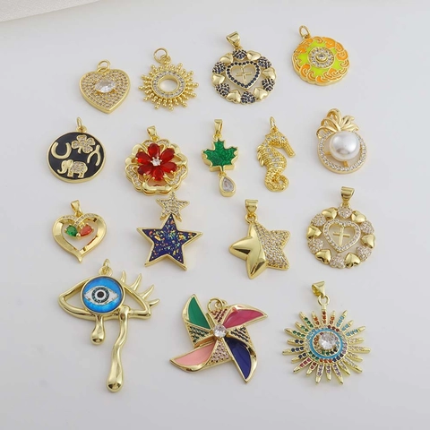 Ciondoli Pendenti DIY Gioielli Rame Placcato Oro 18K Zircone Micro Intarsiato Smalto Croce Cuore Stella Malocchio Moda