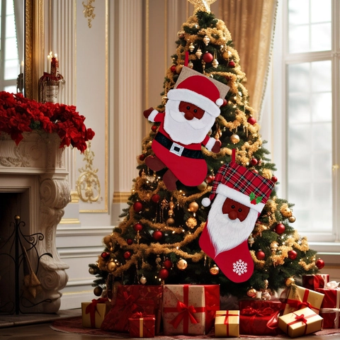 Μαύρος Άγιος Βασίλης Χριστουγεννιάτικη Κάλτσα 3D Φιγούρα Κρεμαστό Στολίδι Πλεκτή Καρό Εορταστική Διακόσμηση Σπιτιού για Πάρτι Δώρο