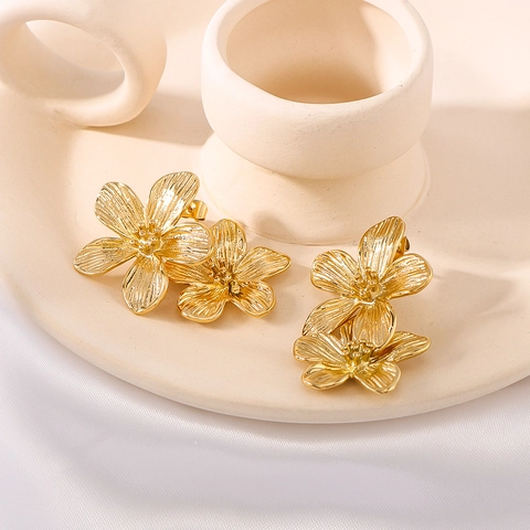 Vintage Französischer Stil Doppelblumen Tropfenohrringe 18K Vergoldeter Edelstahl Eleganter Floraler Schmuck Für Frauen
