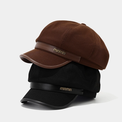 Berretto Newsboy Da Donna In Velluto A Coste Con Finiture In Ecopelle Cappello Ottagonale Vintage Moda Autunno Inverno
