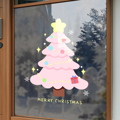 Christmas Tree Window Cling Pink Static PVC Decal Double Sided Merry Christmas Party Decoration For Glass Door Shop