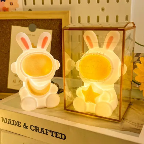 Astronaut Rabbit Night Light Vinyl Warm Yellow LED Desktop Atmosphere Lamp Cartoon Space Decor Transparent Gift Packaging