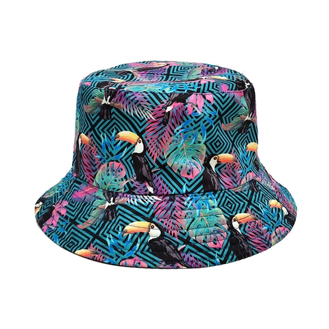 Reversible Bucket Hat Polyester Tropical Toucan Geometric Print Sun Protection Foldable Summer Outdoor For Women