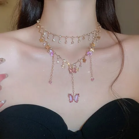 Double Layer Butterfly Pendant Necklace Alloy Rhinestone Glass Court Style Clavicle Chain Jewelry For Women