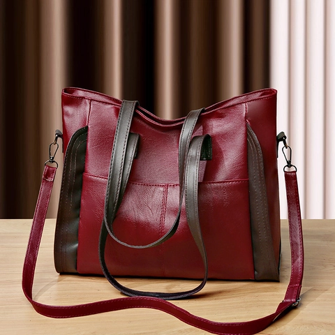 Women Large Capacity Tote Bag Soft PU Leather Minimalist Shoulder Handbag Color Block Commuter Vintage Style