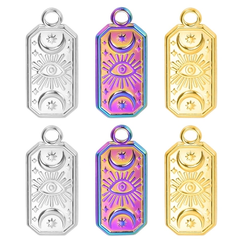 Collana Con Ciondolo Occhio Del Diavolo Acciaio Inossidabile Celeste Luna Stella Sole Targhetta Rettangolare Placcato Oro 18K Gioielli