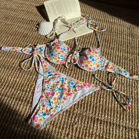 Floral Print Bikini Top Und Tie Side Bottom Zweiteiliger Badeanzug Mit Bügel Gepolsterte Beachwear Sexy Damen Bademode