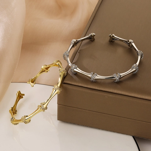 Bamboo Joint Open Bangle Copper Gold Plated With Cubic Zirconia Minimalist Elegant Luxury Jewelry For Women